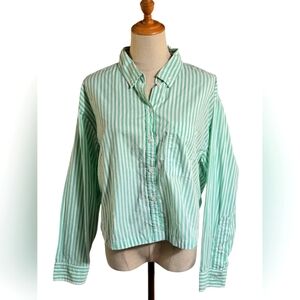 American Eagle Green and White Striped Button Down Cropped Shirt NWT